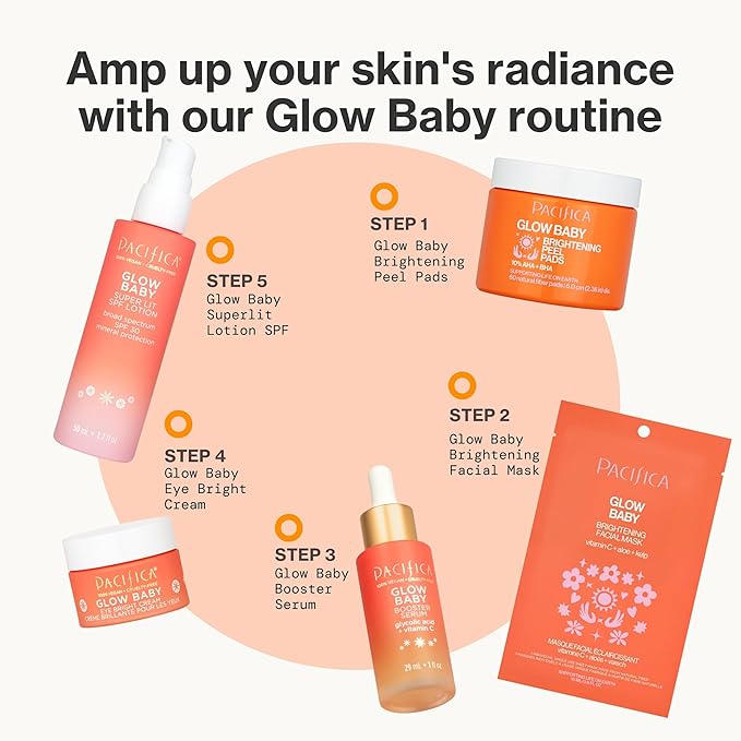 Pacifica Sheet Face Mask - 12 Pack - Glow Baby Brightening Facial Mask w/Vitamin C, Aloe & Kelp – Cooling Mask for Dark Spots & Fine Lines - Clean Beauty Vegan & Cruelty-Free Dermatologist Tested