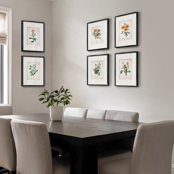 Framed Botanical Floral Wall Art, Set of 6 Vintage Wildflower Prints with Mat, Rustic Farmhouse Nature Flowers Artwork for Bedroom Living Room Hallway Dining Room Modern Neutral Home Decor, 11x14 In