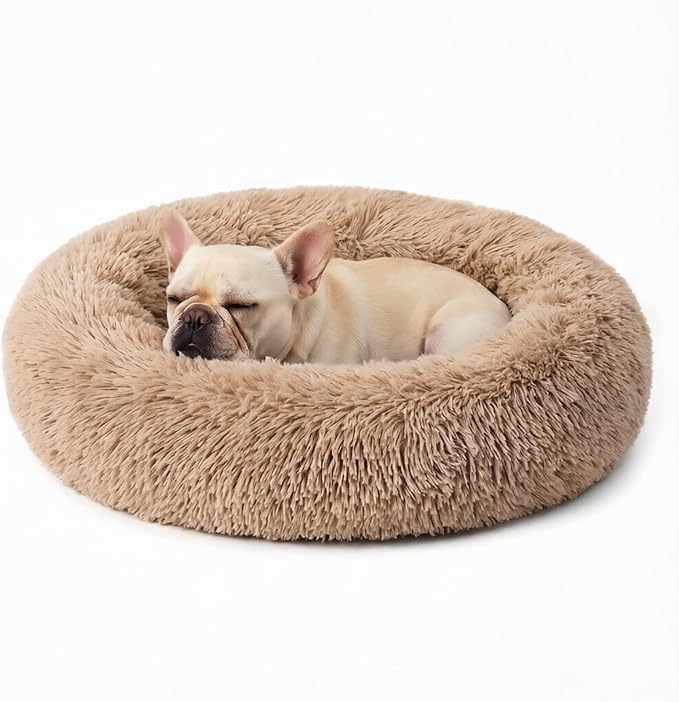 Calming Large Donut Dog and Cat Bed, Anti-Anxiety Round Soft Fluffy Plush Faux Fur Washable Anti-Slip Pet Bed for Medium Dogs Up to 35 lbs 28in (Camel)