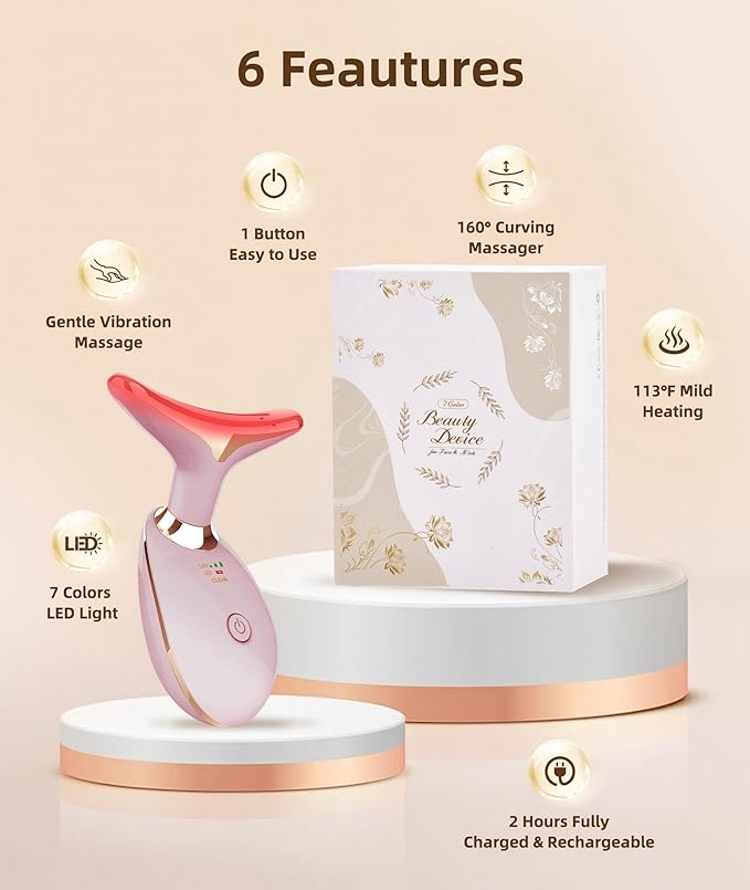 ELISHINE Red Light Therapy for Face and Neck, 7 Color Light Based Face Massager Tool, Portable Skin Care Tool for Firming, Tightening and Lifting (Glossy Pink)