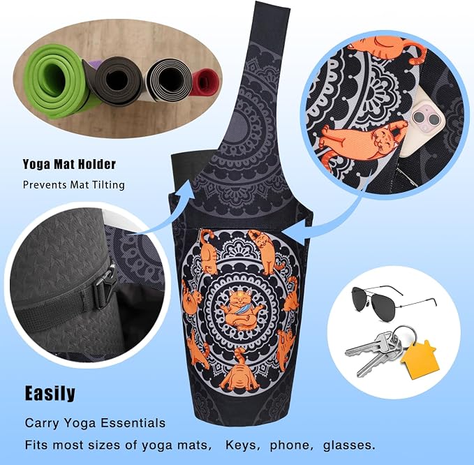 Yoga Mat Bag - Large Opening Long Tote Yoga Mat Carrier Holder Bag with Waterproof Wet Zipper Pocket and Drawstring Water Bottle Pocket - Yoga Bag Fit Most Size Mats