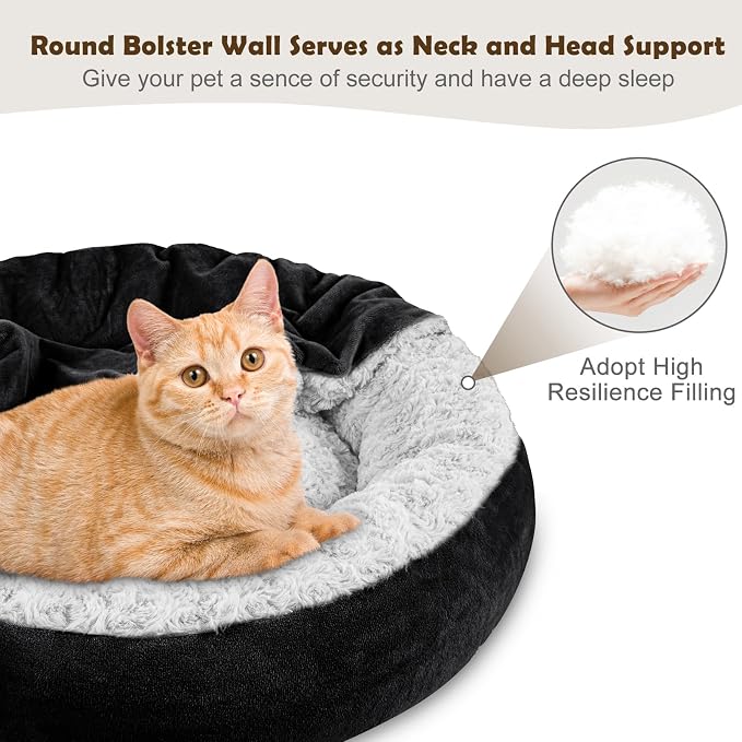 JOEJOY Small Dog Bed Cat Bed with Hooded Blanket, Cozy Cuddler Luxury Puppy Pet Bed, Donut Round Calming Anti-Anxiety Dog Burrow Cave Bed - Anti-Slip Bottom and Machine Washable 23 inch