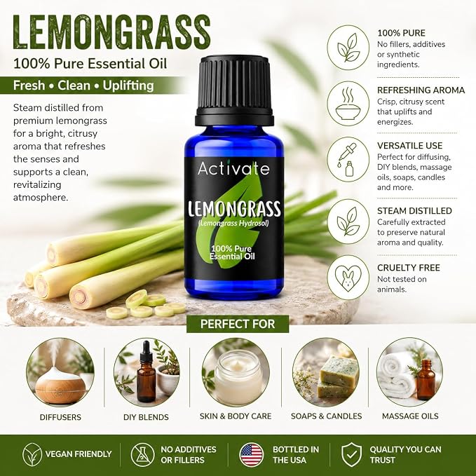Lemongrass Essential Oil, 100% Pure Steam Distilled Essential Oil for Diffuser, Aromatherapy, Massage, Soap & Candle Making, DIY Blends, Fresh Citrus Aroma, 10 mL