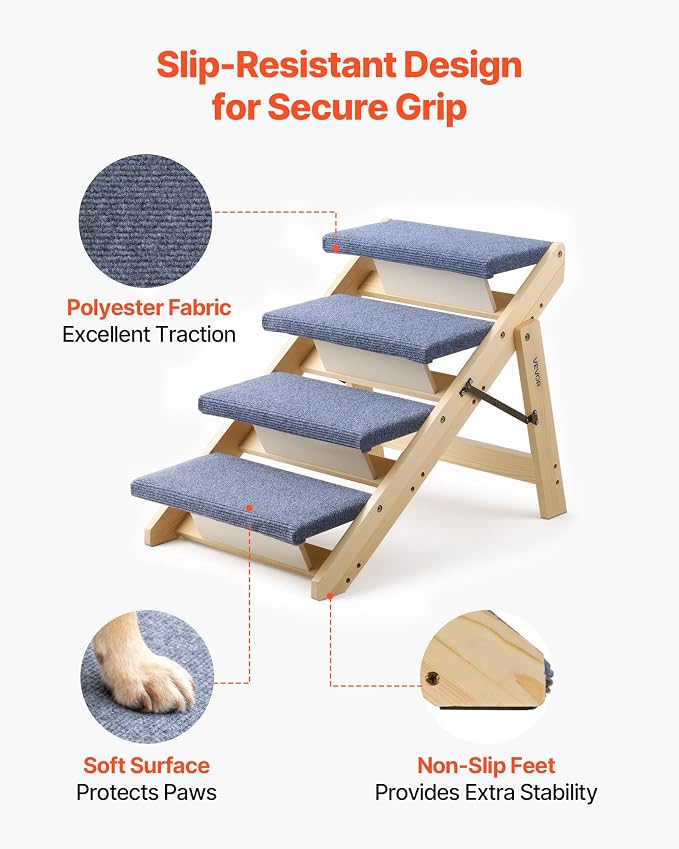 VEVOR Wood Pet Stairs, 4-Step Dog Stairs for Beds, Sofa & Cars, Floded Flat | For Small Medium Large Older Pet Puppy Essentials, 150lbs Load Capacity, Stable & Sturdy Cat & Dog Step Ladder, Non-Slip