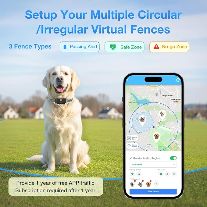 AOZOOM Electric Dog Fence,GPS Wireless Virtual Fence Dog Collar,Black | Smart GPS Dog Collar,GPS Pet Tracker with App-Supported,Adjustable IPX7 Water-Resistant Electric Fence Collar for Outdoor