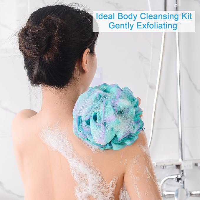 AmazerBath Loofah Sponge 60g/Piece, Exfoliating Bath Sponge Body Scrubber - Loofa Set of 4 Flower Color (Green-Purple)