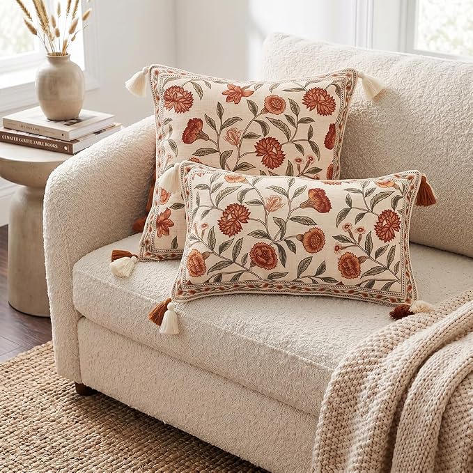 French Elegant Linen Rectangle Throw Pillow Cover,20"x12"-Albano A | Designer Vintage Pillow Cover,Concealed Zipper Design,Orange Floral Pattern,Sofa,Bedroom,Living Room,Lounge Chairs