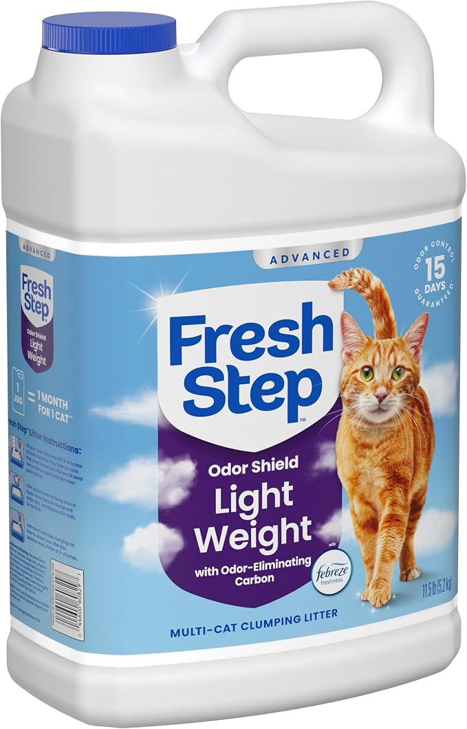 Fresh Step Advanced Odor Shield Light Weight Clumping Litter, 11.5 lb., 2Pk | Lightweight Clay Cat Litter, Jug, Easy to Lift and Pour, Scented with Febreze Freshness, Carbon for Strong Odor Control
