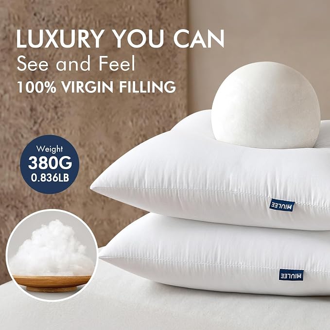 MIULEE 16x16 Throw Pillows Inserts 2 Pack, Decorative Pillows for Couch Bed | 100% Virgin Filling, Full and Fluffy, Lumbar, Back and Neck Support