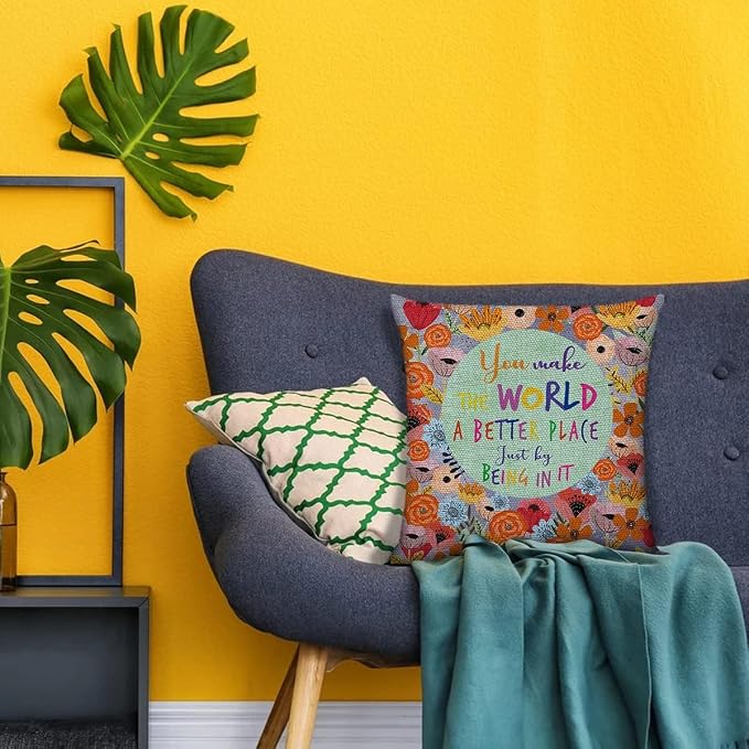 Littlefa Bright Colorful Throw Pillow Cover Decorative,You Make the World | You The World A Better Place Decorative Pillow Cases Motivational Pillow Covers, Inspiring Gifts for Friedns Women, 18×18 In
