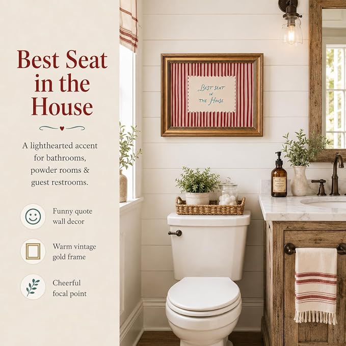 Funny Bathroom Wall Art, Vintage Gold Framed Best Seat in the House, 12x16 | Red striped canvas with Best Seat in the House quote, rustic farmhouse decor for bathroom, living room, bedroom or entryway