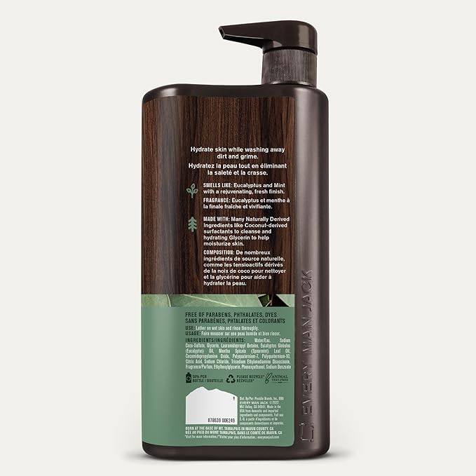Every Man Jack Eucalyptus Mint Hydrating Mens Body Wash for All Skin Types - Cleanse, Nourish, and Hydrate Skin with Naturally Derived Ingredients - Paraben Free, Phthalate Free, Dye Free - 33.8oz
