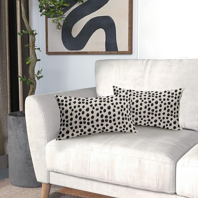 Polka Dot Throw Pillow Covers 12x20 Set of 2 Black Cream Throw Pillows Boho Design Brush Strokes Decorative Outdoor Pillowcase Square Cushion Cover Linen Pillow Case for Home Sofa Couch Bed