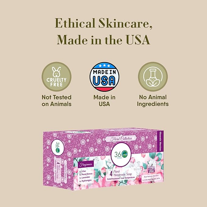 360 Feel - Floral Bar Soap Set - Made in the USA - Castile Handmade All Natural Cold Processed - Infused with Lavender, Lilac , Hydrangea & Petal Dance - Moisturizing Skin Care - (5oz, 4-Pack)