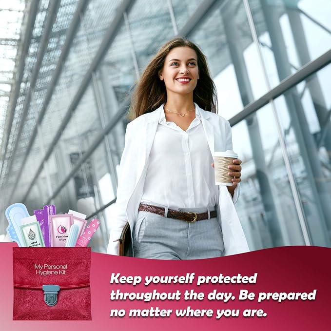 3 x Menstrual All-in-One Kits - Assorted Colors | Convenience on The Go | Single Period Kit Packs | Individually Wrapped Feminine Hygiene Products (Red Purse/Pink/Purple)