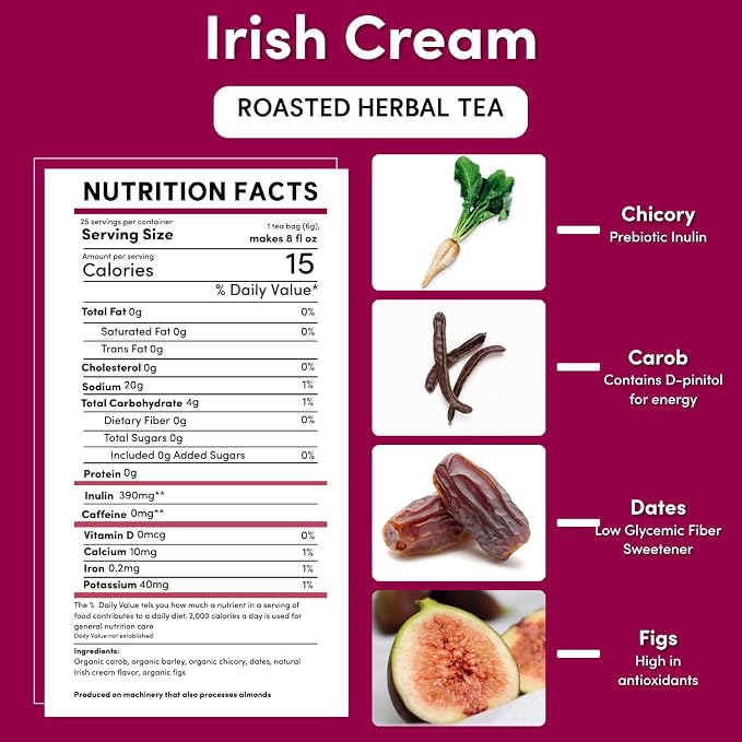 Teeccino Irish Cream Herbal Tea, Rich & Roasted Herbal Tea That’s Caffeine Free & Prebiotic for Natural Energy, 25 Tea Bags