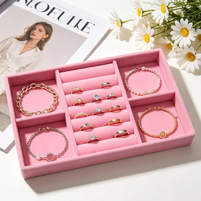 Velvet Jewelry Trays for Drawers, Pink 2-in-1 | Stackable Jewelry Drawer Organizer, Ring Earring Necklace Bracelet Holder Organizer Display Tray with Removable Dividers