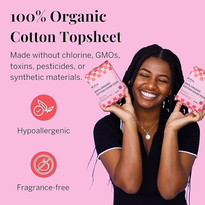 Pixie Organic Cotton Ultra Thin Large Pads for Women – Extra Heavy Absorbency with Wings – Leak-Proof, Hypoallergenic & Unscented for Feminine Care – Compostable, Biodegradable – 48 Count