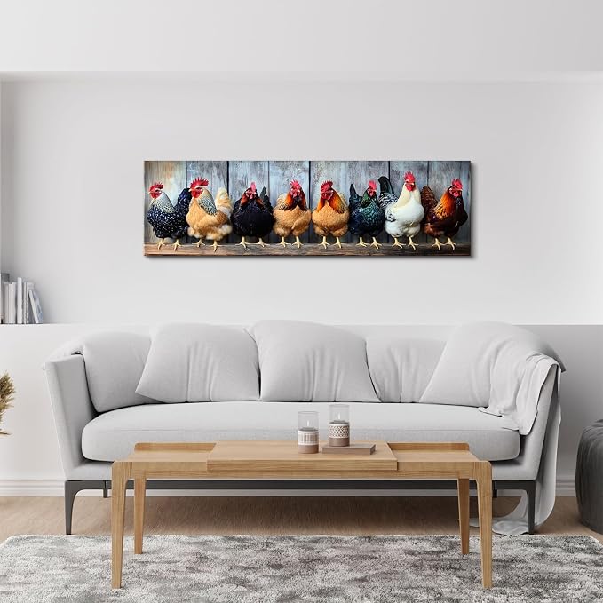 Country Chicken Wall Art Rooster Kitchen Wall Decor Rustic Farmhouse Coop Picture Canvas Prints for Dining Room Decorations Colorful Farm Animal Poster Painting Artwork Cabin Home Decor 14x48”