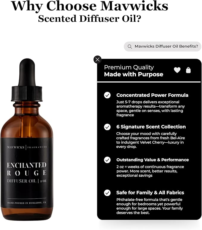 Mavwicks Diffuser Oil (Enchanted Rouge) – 2oz Premium Essential Oil Blend for Aromatherapy Diffusers, Long-Lasting Luxury Home Fragrance for Living Room, Bedroom, Office, Bathroom & Hotel
