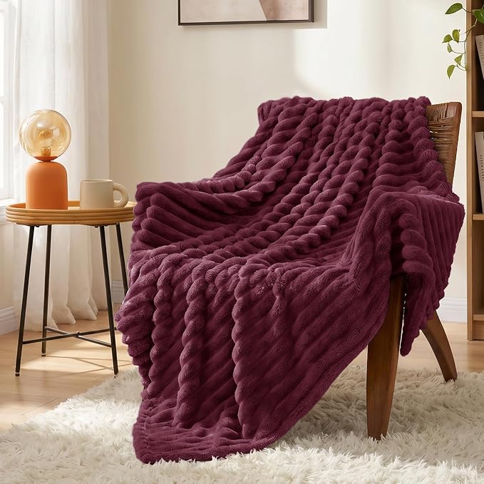 Burgundy Red Twin Blanket for Bed & Couch, 60 x 80 Inch | 300GSM Ribbed Fleece Blanket, Soft, Cozy & Lightweight, OEKO-TEX Certified, All-Season Use for Travel, Dorm & Home Decor