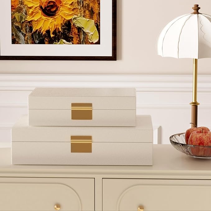 Decorative Storage Box Set of 2, PU Leather Organizer for Home Decor Beige | Multi-Purpose Beautiful Decorative Container with Lids Store Photos, Documents, Memory Box Keepsakes Collect, ideal for Gifts