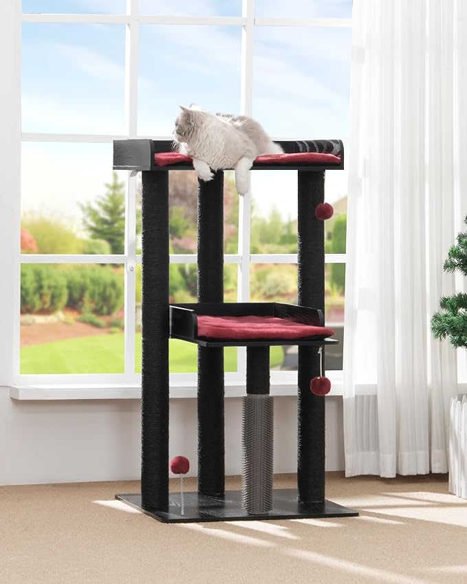 FourFurPets 43.7" Modern Cat Tree, Cat Tower for Large Cats, Wood Cat Tree | Maine Coon Cat Tree, Cat Tower with Scratching Post, Large Perch and Removable Pads, Black&Red