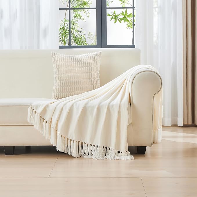 CozeCube Chenille Throw Blanket, Cream White Fringe Blanket, 60"X80" | For Couch, Cozy Plush Fuzzy Decorative Blanket with Fringe Tassels, Lightweight Throws for Bed Sofa Gift Home Decor