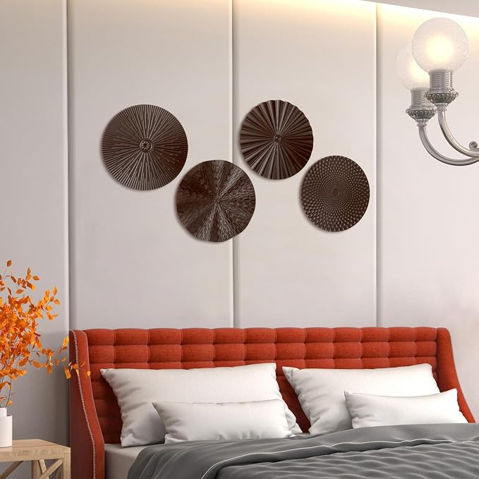 Hicarer 4 Pcs 12 Inch Brown Metal Wall Art Decor Modern Sunburst Hanging Artwork Decor Wall Decorations for Home Bedroom Bathroom Living Room Office Sculpture