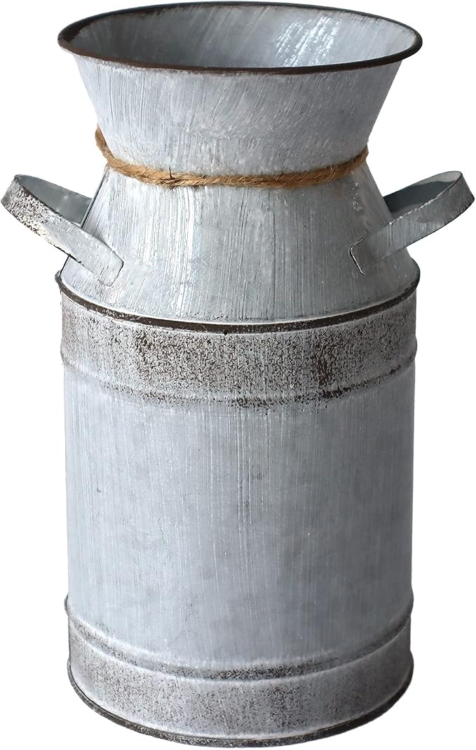 Galvanized Milk Can Antique Retro Vase Metal Planter Rustic Vintage Primitive Flower Holder Farmhouse Country Plant for Home Office Decor, 7.6”