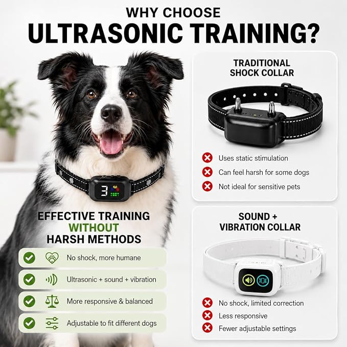Ultrasonic Dog Bark Collar, No Shock, Humane Bark Control with 6 Training Modes & 7 Sensitivity Levels, Sound & Vibration, Rechargeable & Waterproof, for Small Medium Large Dogs