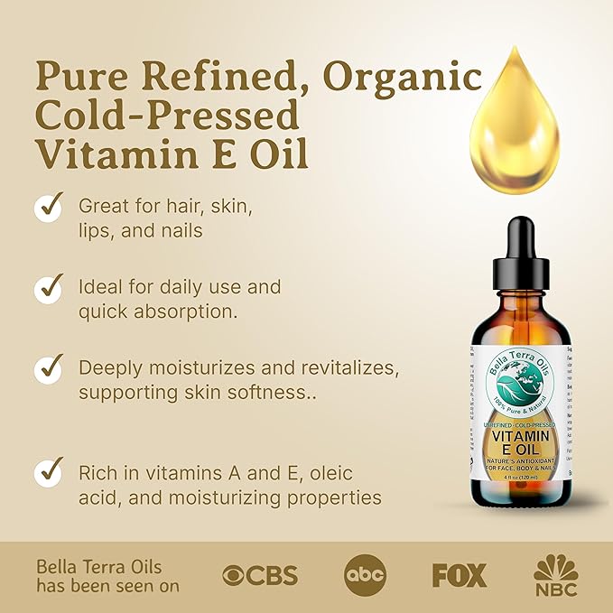 Bella Terra Oils - Organic Vitamin E Oil 8 oz - Luxurious Organic Wheat Germ Derived Oil, Abundant in Organic Vitamin E Antioxidants, Skin's Best Friend for a Radiant Glow