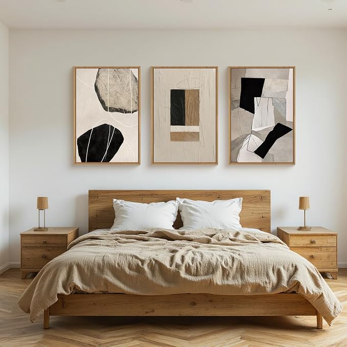 FWIEXA Large Neutral Abstract Wall Art Set of 3, Framed Modern Canvas Paintings for Living Room, Beige Black White Prints Artwork, 24x36 Inch Pictures Wall Decor for Bedroom, Bathroom, Hallway, Office