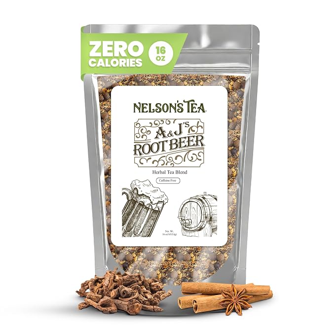 Nelson's Tea A&J's Root Beer - Cut & Sifted Sarsaparilla Root Tea Loose Leaf - Caffeine Free, Harmonious Herbal Blend of Burdock, Birch Bark, Dandelion and More (16 oz)
