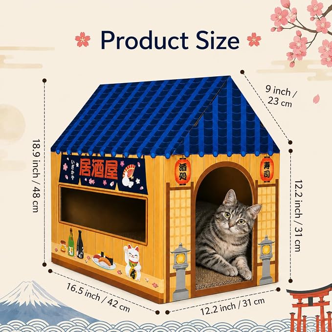 Cinrobiye Cardboard Cat House with Scratcher Izakaya Bar Pet Board Bed Cave Playhouse Hideaway Hideout Condo Decor Small Animals Scratch Box for Indoor Cats Kittens Rabbits Bunny