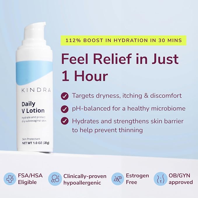 Kindra Daily V XL Vaginal Moisturizer Lotion - OBGYN Recommended for Dryness & Itch, with Hyaluronic Acid, Odor Support - Estrogen-Free Cream, pH-Balanced Feminine Care - 120 Applications
