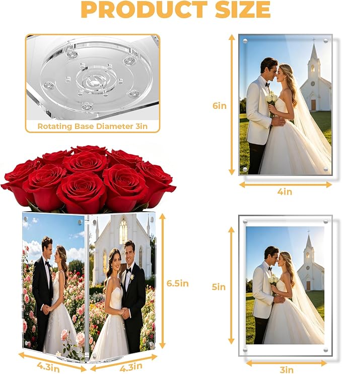 Rotating Acrylic Decorative Box for Table, 360° Acrylic Vase with 4 Sided Clear 4x6 Inch Picture Frame Photo Display Holder Table Numbers for Wedding Party, Replaceable Menu Holder for Restaurant