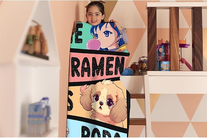 Kawaii Anime Blanket for Girls and Women - Ramen Dogs Boba Flannel Decor - Luxurious Warm and Cozy - M 50X60 Inch for Teen/Travel