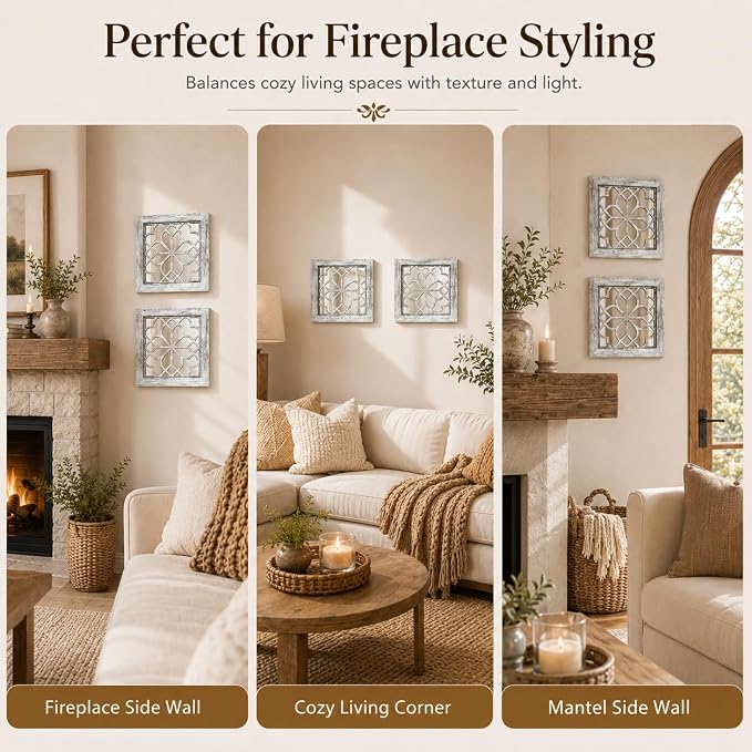 Boho Wall Mirror Decor, Set of 2 Rustic Farmhouse Accent Mirrors 12x12 Inch, Square Acrylic Shatterproof Vintage Style Mirror for Wall, Small Decorative Mirrors for Living Room, Bedroom, Grey