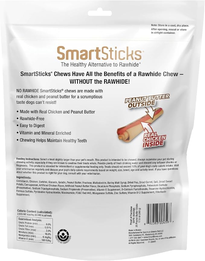 SmartBones SmartSticks Rawhide-Free Dog Treats, Peanut Butter, 25 Count | With Real Peanut Butter & Chicken, Easy To Digest Chew, Vitamin & Mineral Enriched, Supports Dental Health, For Small Dogs