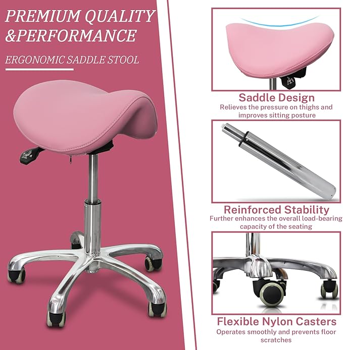 Saddle Stool with Wheels,Rolling Stool,Rolling Chair Ergonomic Swivel Rolling Chair with Hydraulic Lifting Height Adjustable Rolling for Office Medical Massage Salon Drafting(Pink)