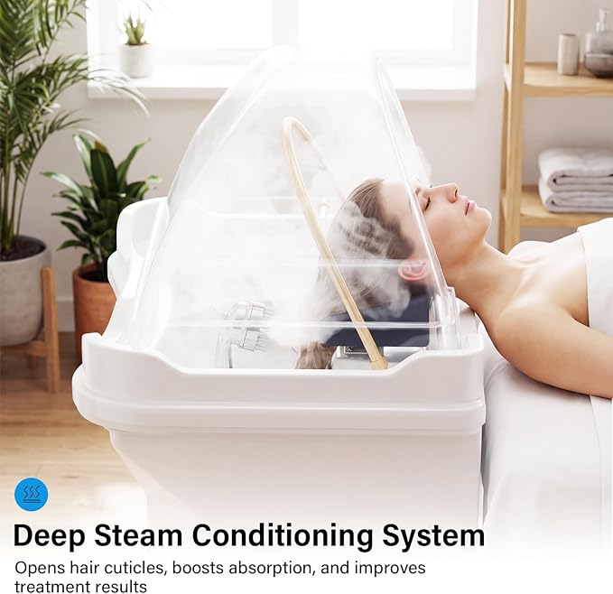 Head Spa Equipment with Thermostatic Waterfall Circulation, 60L Water Storage and 30L Wastewater Tanks, Mobile Shampoo Bowl with Fumigation & LED Therapy for Spa Bed Salon Scalp Care, White