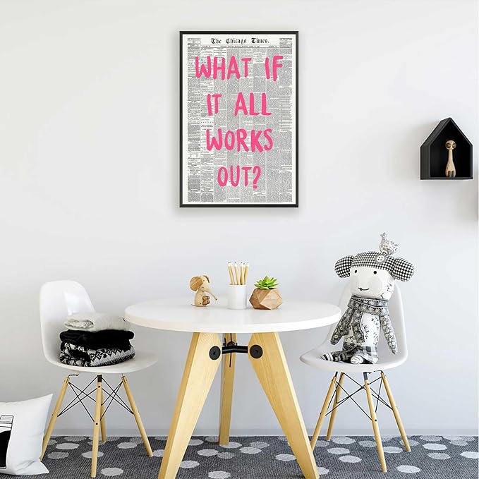 What If It All Works Out Poster Retro Newspaper Pink Font Canvas Wall Art Positive Affirming Quote Minimalist Prints Painting For Home Bedroom Dorm Wall Decor 16x24in Framed