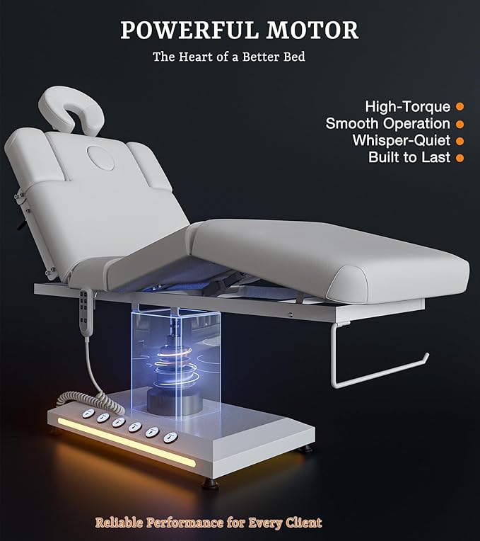 Icoget Professional Full Electric Spa Massage Treatment Table, Medical Bed with Independent Leg Adjustment, Facial Bed with Face Cradle for Beauty, White