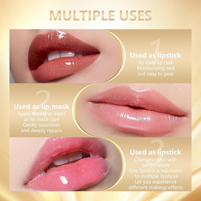TIMLIFE 2Pcs Transferproof Color Changing Lipstick, Gold Crystal Ph Lipstick Color Changing, Clear Lip stick That Changes Color, Long Lasting Moisturizing Glossy Shine Lip Gloss for Women