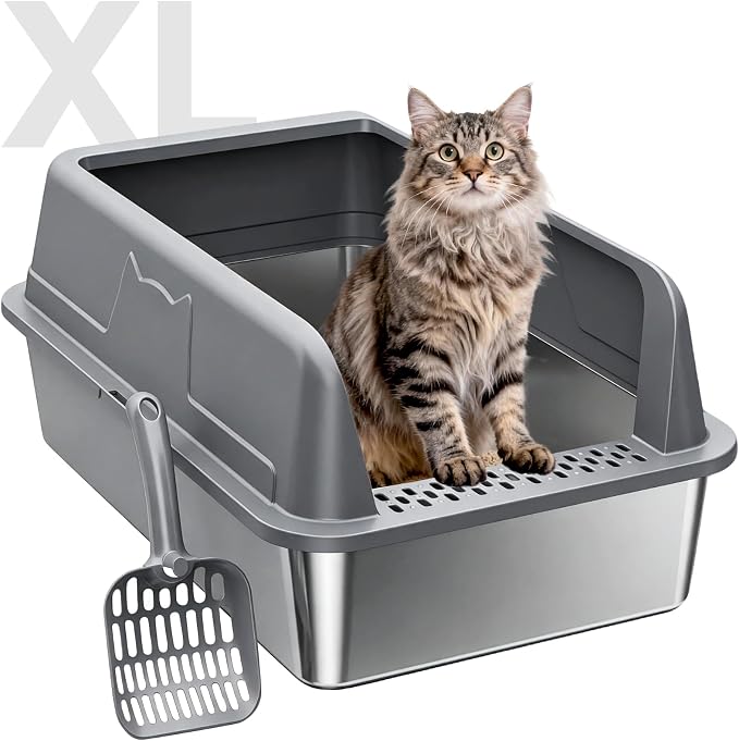 High-Sided Stainless Steel XL Cat Litter Box for Cats | High-Sided Design Prevents Urine Leakage,Non-Stick,Easy to Clean,Includes Scoop,Dark gray