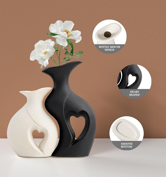 Black and White Vases Home Decor Heart Shape Ceramic Vase Set of 2 | Modern Boho Flower Vases, Nordic Aesthetic Decor For coffee Table Centerpiece,Wedding,Dining Living Room, Table Decor