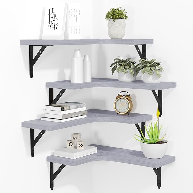 ROMGUAR CRAFT Corner Floating Shelves Wall Mounted Set of 4, Rustic Wood Storage Display Shelves for Home Decor, Bathroom, Kitchen, Bedroom, Living Room, Office (Light Grey)