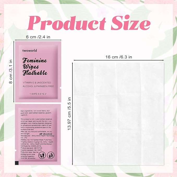 twoworld 400 Feminine Wipes Individually Wrapped,Flushable Wipes Travel | Feminine Care Vaginal Wipes for Adult,Women,Girl and Homeless(Unscented)