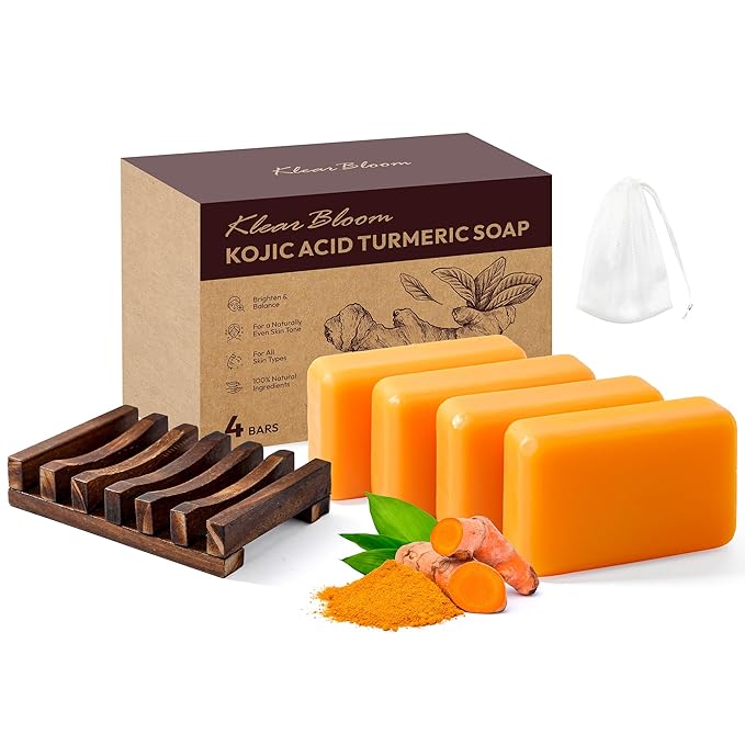 Kojic Acid Soap, Turmeric Soap Bar for Dark Spots Brightening & Moisturizing with Collagen, Vitamin E, Retinol, Hyaluronic Acid, Shea Butter, Paraben & Sulfate-Free 105g x4 Bars With Holder